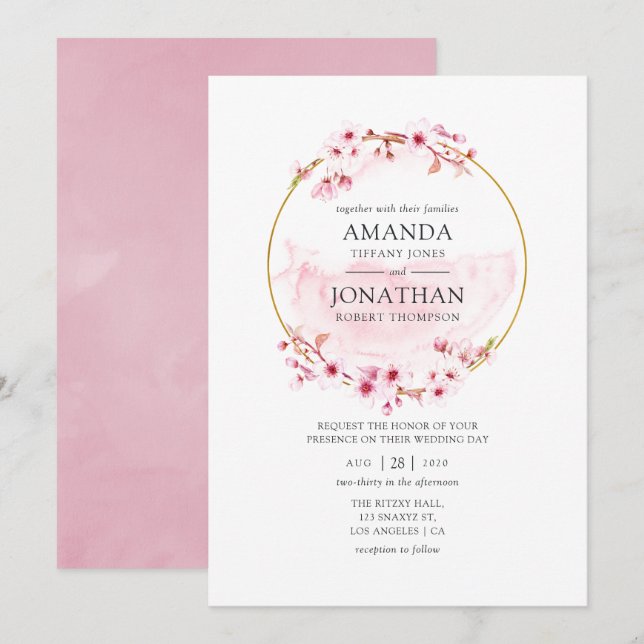 Invitación Boda de flor de cerezo rosa geométrica de primaver (Anverso / Reverso)