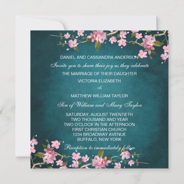 Invitación Boda de Flor de Cerezo Rosa Jade (Anverso)