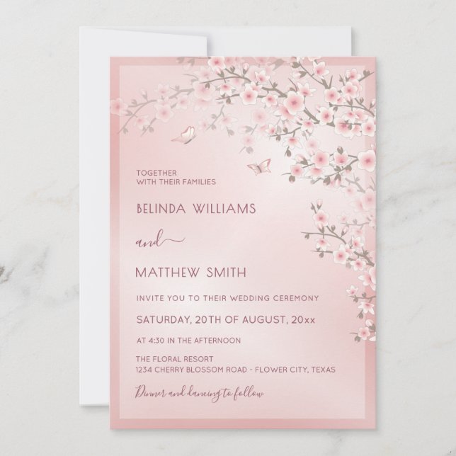 Invitación Boda de flor de cerezo rosa rubor (Anverso)