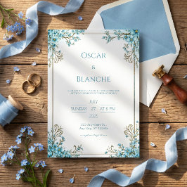 Invitación Boda de Flor de Cielo Azul Marco Dorado Elegante