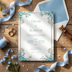 Invitación Boda de Flor de Cielo Azul Marco Dorado Elegante