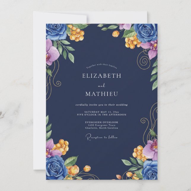 Invitación Boda de Flor de Cobalt Navy (Anverso)