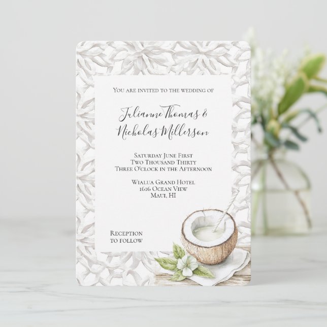 Invitación Boda de flor de coco de Aloha Tropical (Anverso de pie)