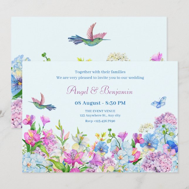 Invitación Boda de flor de color azul púrpura (Anverso / Reverso)