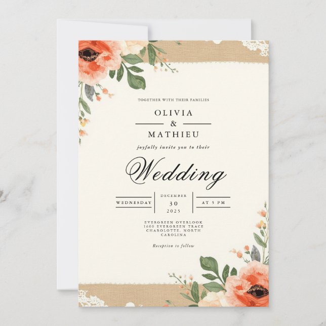 Invitación Boda de flor de coral floreciente (Anverso)