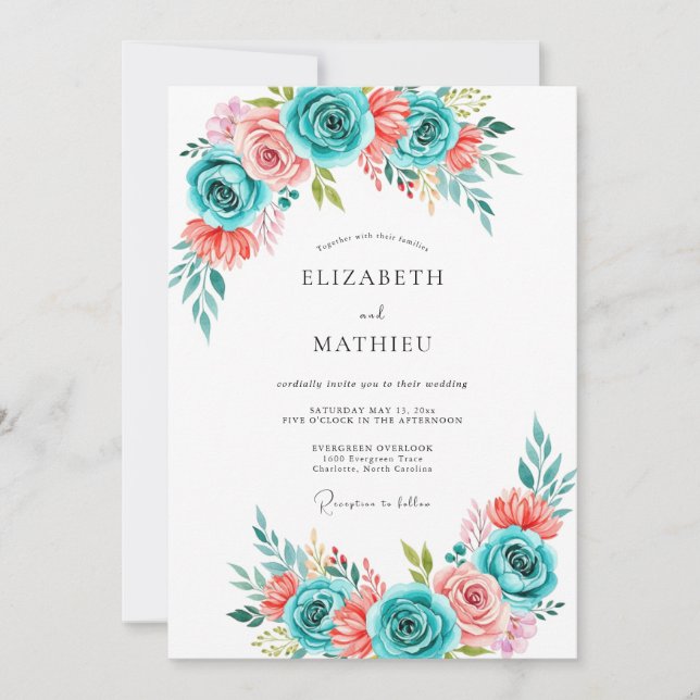 Invitación Boda de Flor de Coral Teal Pintada (Anverso)