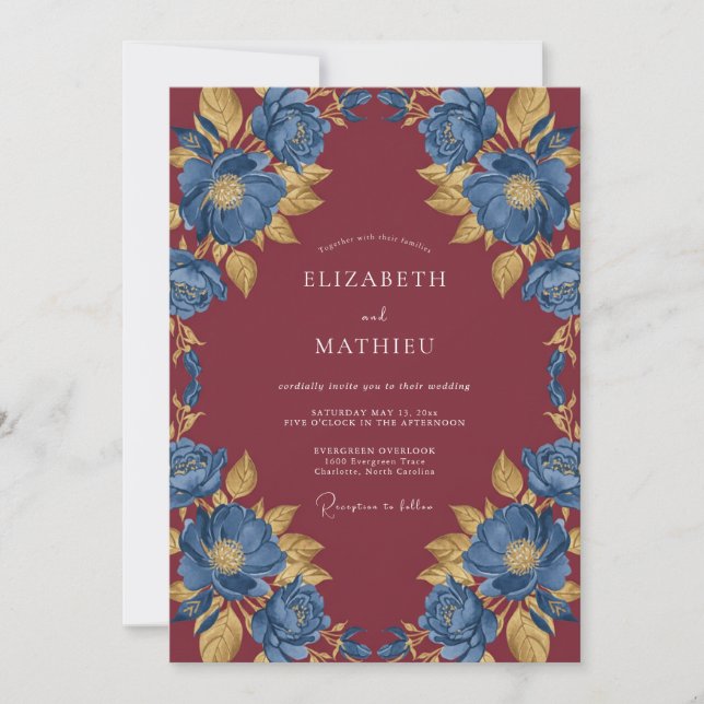 Invitación Boda de Flor de Eucalipto Cobalto Granate (Anverso)