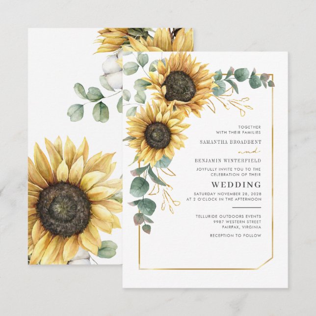 Invitación Boda de Flor de Eucalipto Girasol Verde (Anverso / Reverso)