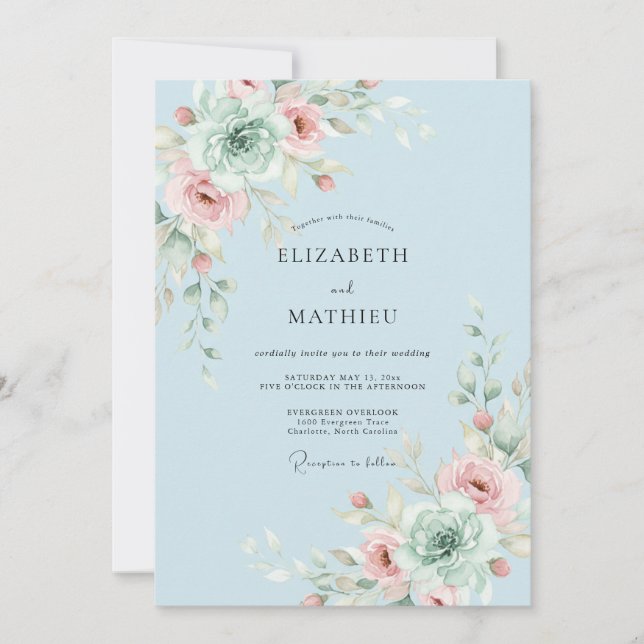 Invitación Boda de Flor de Fantasía Azul Cielo (Anverso)