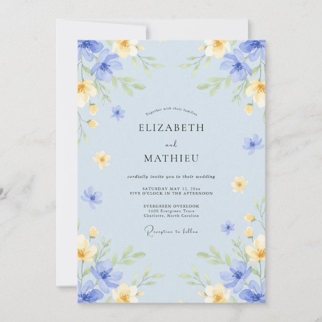 Invitación Boda de Flor de Fantasía Azul Pálido (Anverso)
