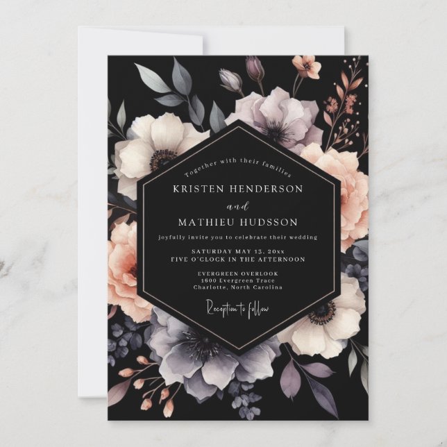 Invitación Boda de Flor de Gótico de Carbón y Malva (Anverso)