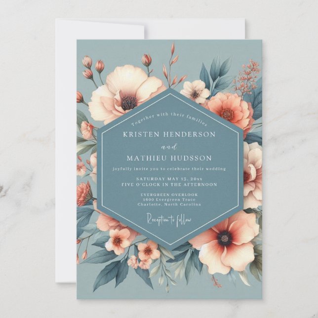 Invitación Boda de Flor de Herencia Azul Polvoriento (Anverso)