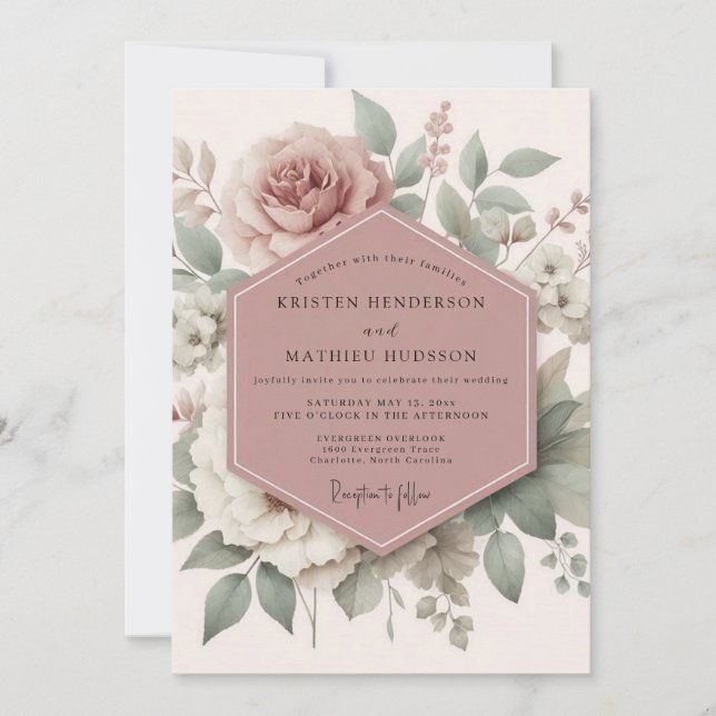 Invitación Boda de Flor de Herencia Rosa Pálido (Anverso)