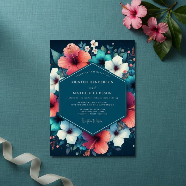 Invitación Boda de flor de hibisco azul verdoso (Subido por el creador)