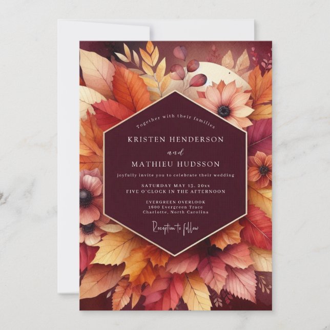 Invitación Boda de Flor de Hoja de Borgoña (Anverso)