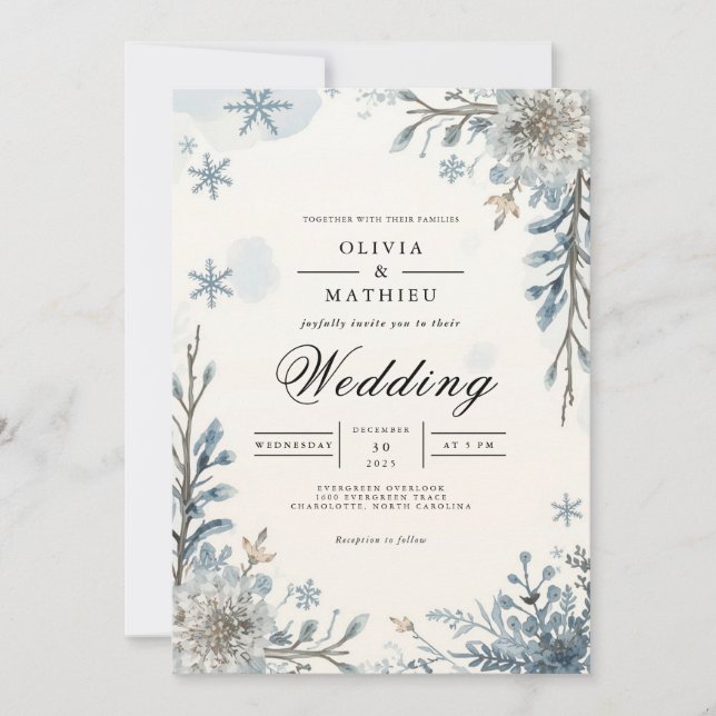 Invitación Boda de Flor de Invierno Azul Escarcha (Anverso)