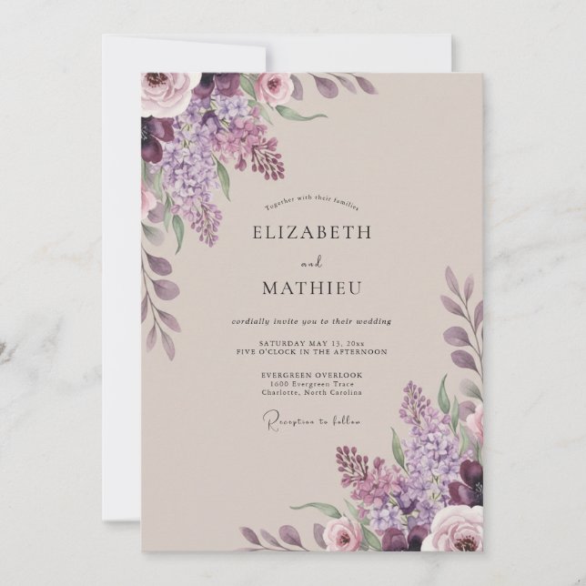 Invitación Boda de Flor de Lila Polvorienta (Anverso)
