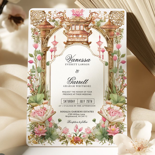 Invitación Boda de flor de Lotus oriental rosa Rubor (Subido por el creador)