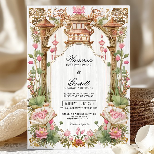 Invitación Boda de flor de Lotus oriental rosa Rubor (Subido por el creador)