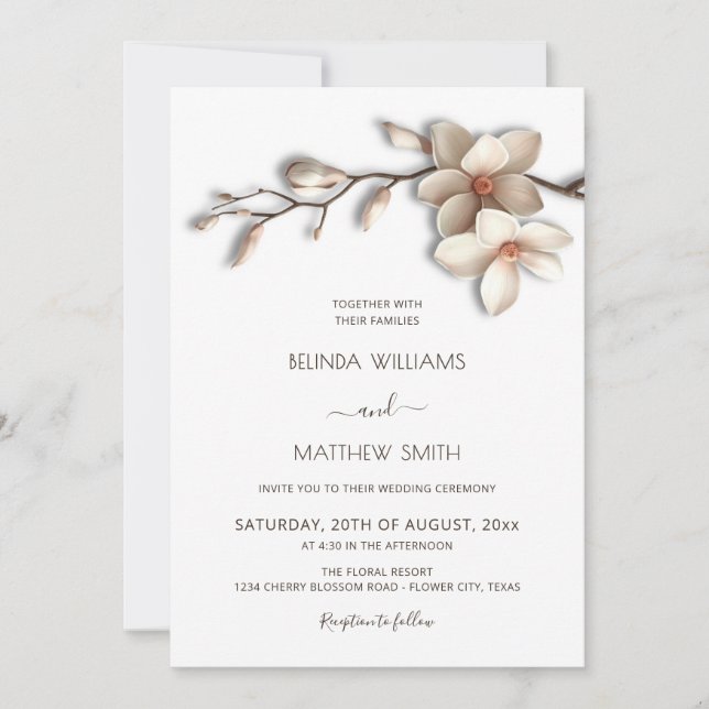 Invitación Boda de Flor de Magnolia 3D Blanco Marfil (Anverso)