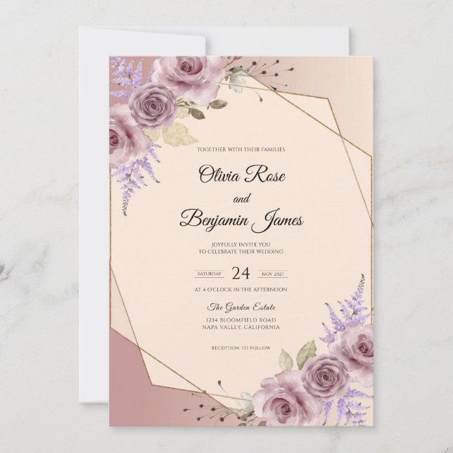 Invitación Boda de flor de malva champán (Anverso)