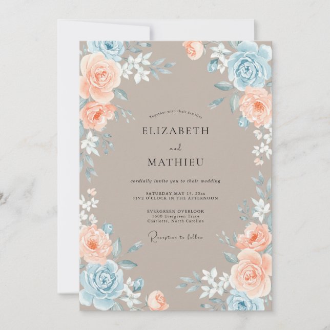 Invitación Boda de Flor de Melocotón Azul Polvoriento (Anverso)