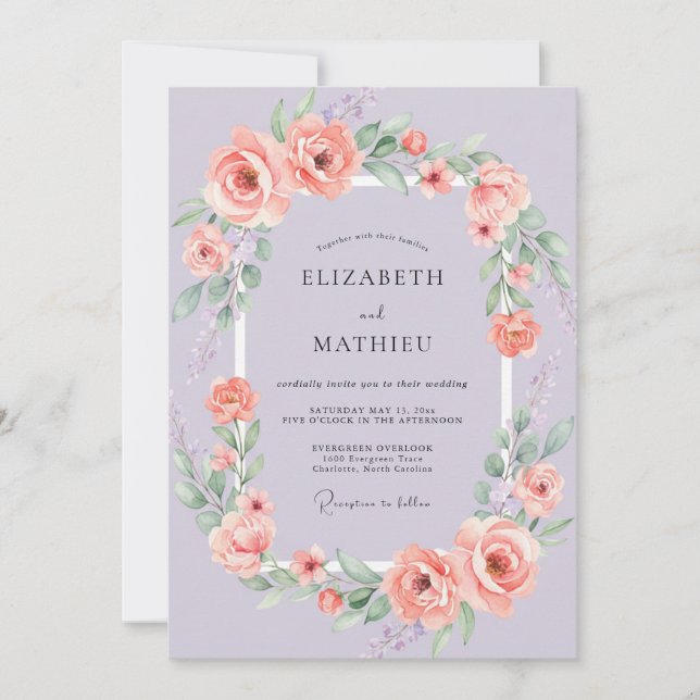 Invitación Boda de flor de melocotón lavanda (Anverso)