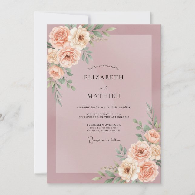 Invitación Boda de flor de melocotón malva polvorienta (Anverso)