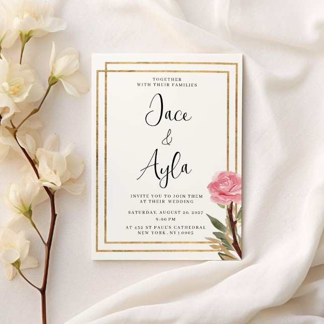 Invitación Boda de flor de menta rosa de oro blanco geométric (Geometric white gold pink mint flower Wedding )