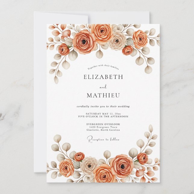 Invitación Boda de Flor de Naranja Quemada Pintada (Anverso)
