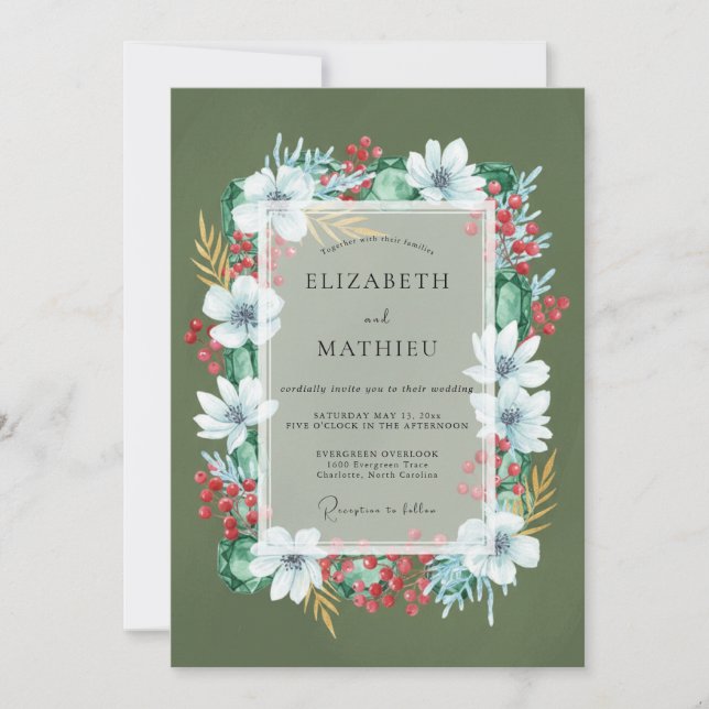 Invitación Boda de Flor de Olivo Carmesí (Anverso)