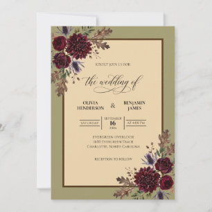 Invitación Boda de Flor de Olivo Granate Tropical
