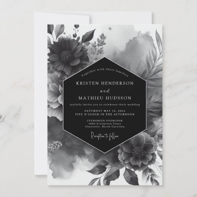 Invitación Boda de Flor de Opulencia Negra (Anverso)