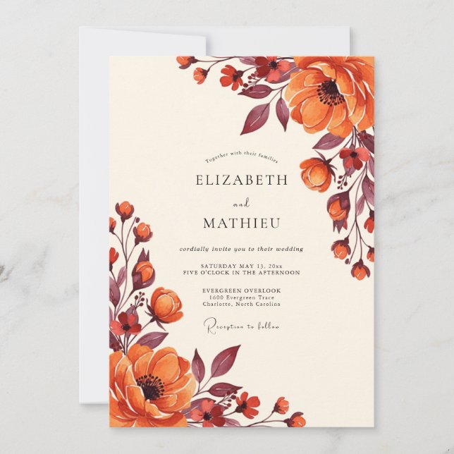 Invitación Boda de Flor de Otoño Naranja (Anverso)