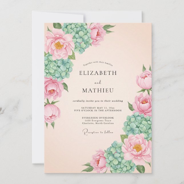 Invitación Boda de Flor de Peonía Coral (Anverso)