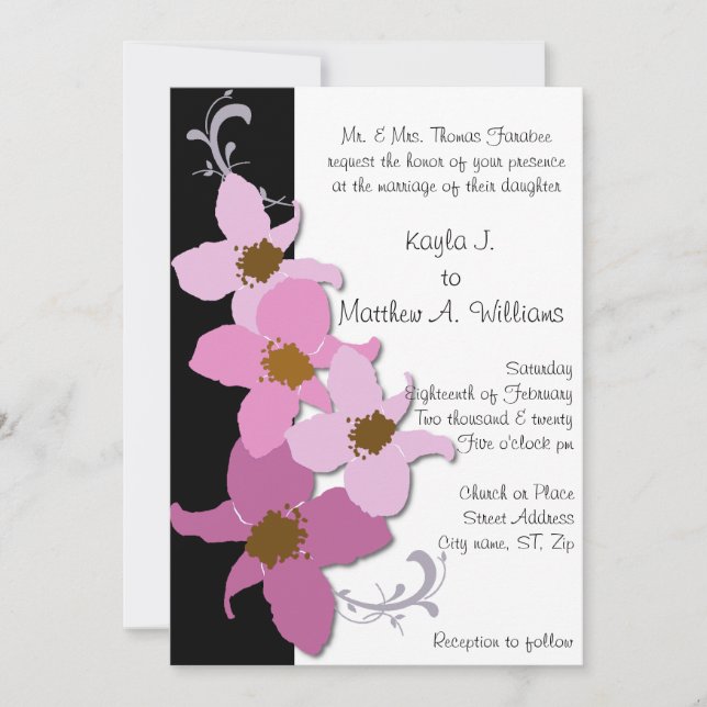 Invitación Boda de Flor de Pink Black Periwinkle (Anverso)