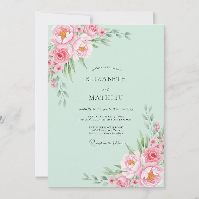 Invitación Boda de Flor de Pintura Verde Menta (Anverso)