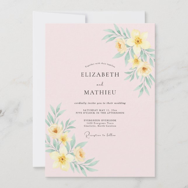 Invitación Boda de Flor de Primavera Amarillo Pálido (Anverso)