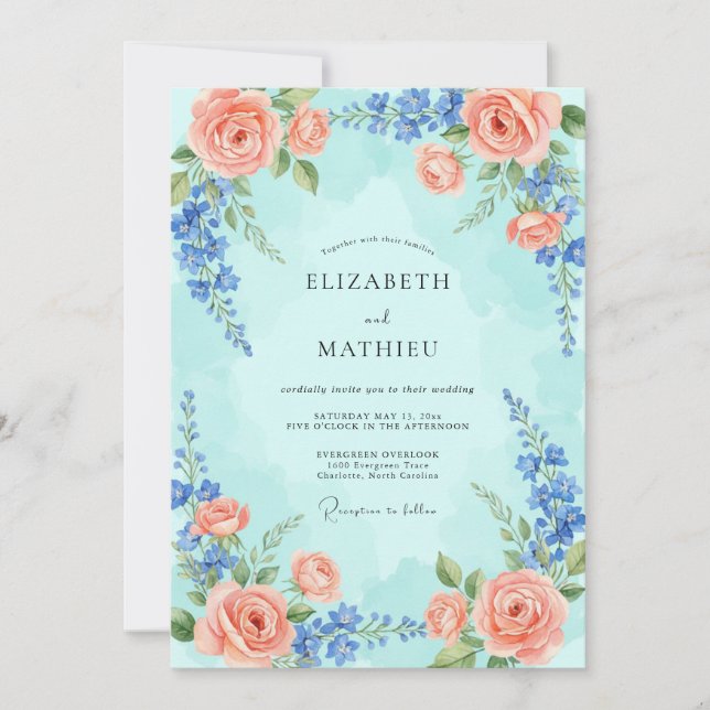 Invitación Boda de Flor de Romance Verde Azulado (Anverso)