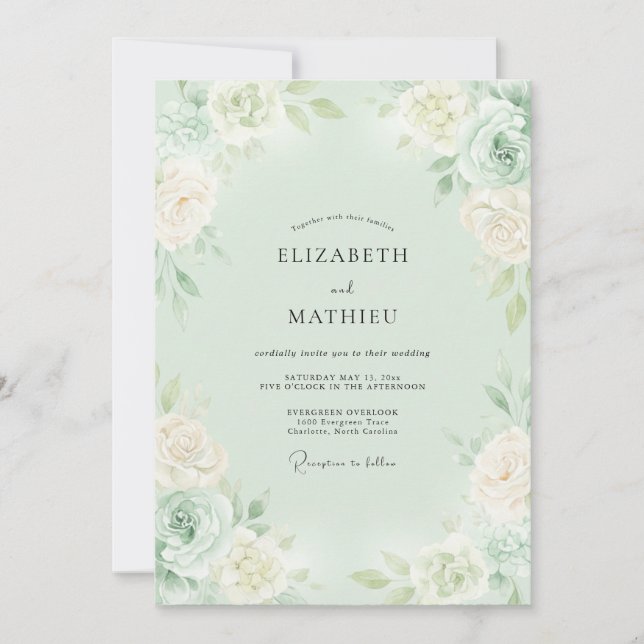 Invitación Boda de Flor de Romance Verde Menta (Anverso)