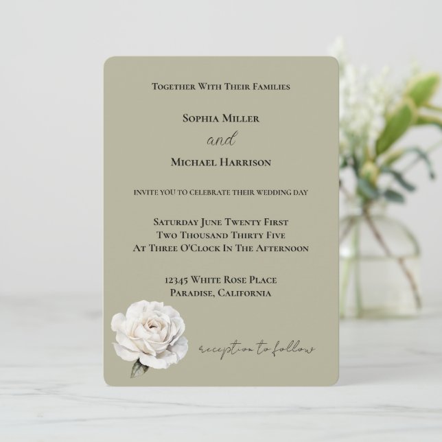 Invitación Boda de Flor de Rosa Blanca Verde (Anverso de pie)