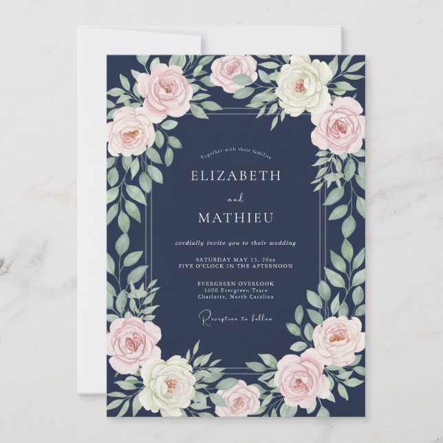 Invitación Boda de Flor de Rosa Pálido de Marina (Anverso)