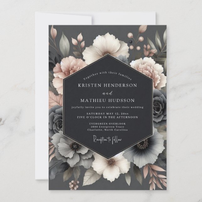 Invitación Boda de Flor de Rosa Pizarra Sombría (Anverso)
