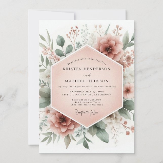Invitación Boda de Flor de Rosa Polvorienta (Anverso)