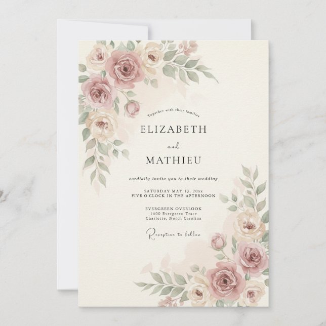Invitación Boda de Flor de Rosa Polvorienta Pintada (Anverso)
