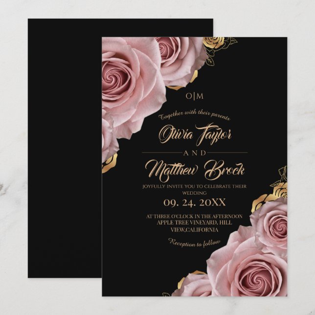 Invitación Boda de Flor de Rosa Rosada Moderna y Elegante (Anverso / Reverso)
