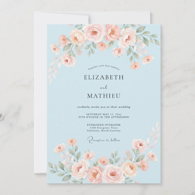 Invitación Boda de Flor de Seda Azul Celeste (Anverso)