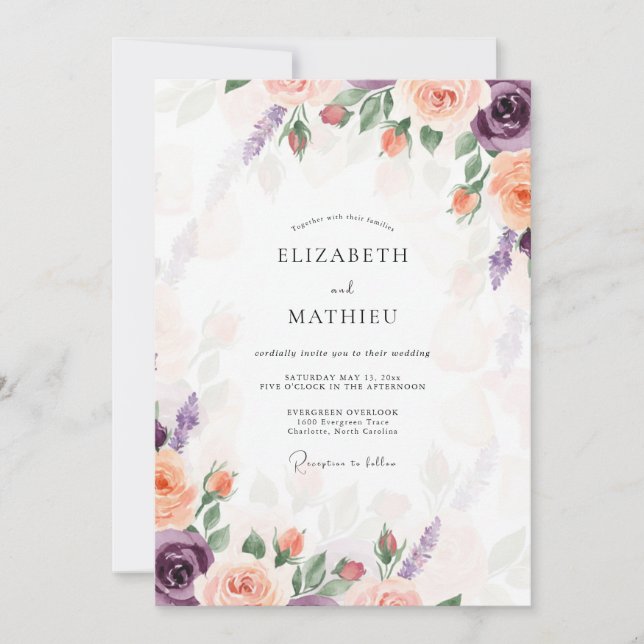 Invitación Boda de Flor de Seda Púrpura Suave (Anverso)