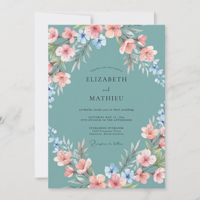 Invitación Boda de Flor de Seda Verde (Anverso)
