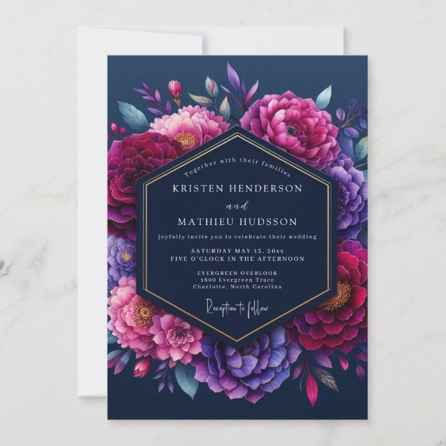 Invitación Boda de Flor de Tono Índigo (Anverso)